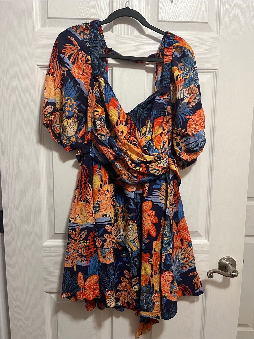 Anthro Floral Tiger Wrap Mini Dress with Puff Sleeves